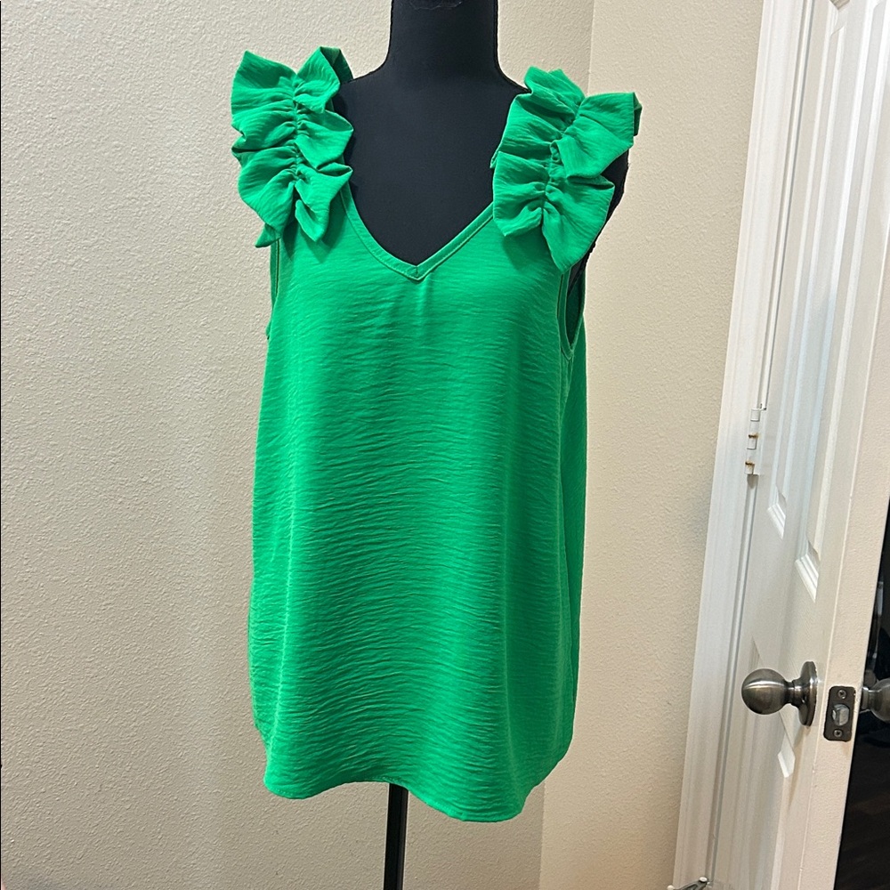 Green Ruffled V-Neck Women's Top